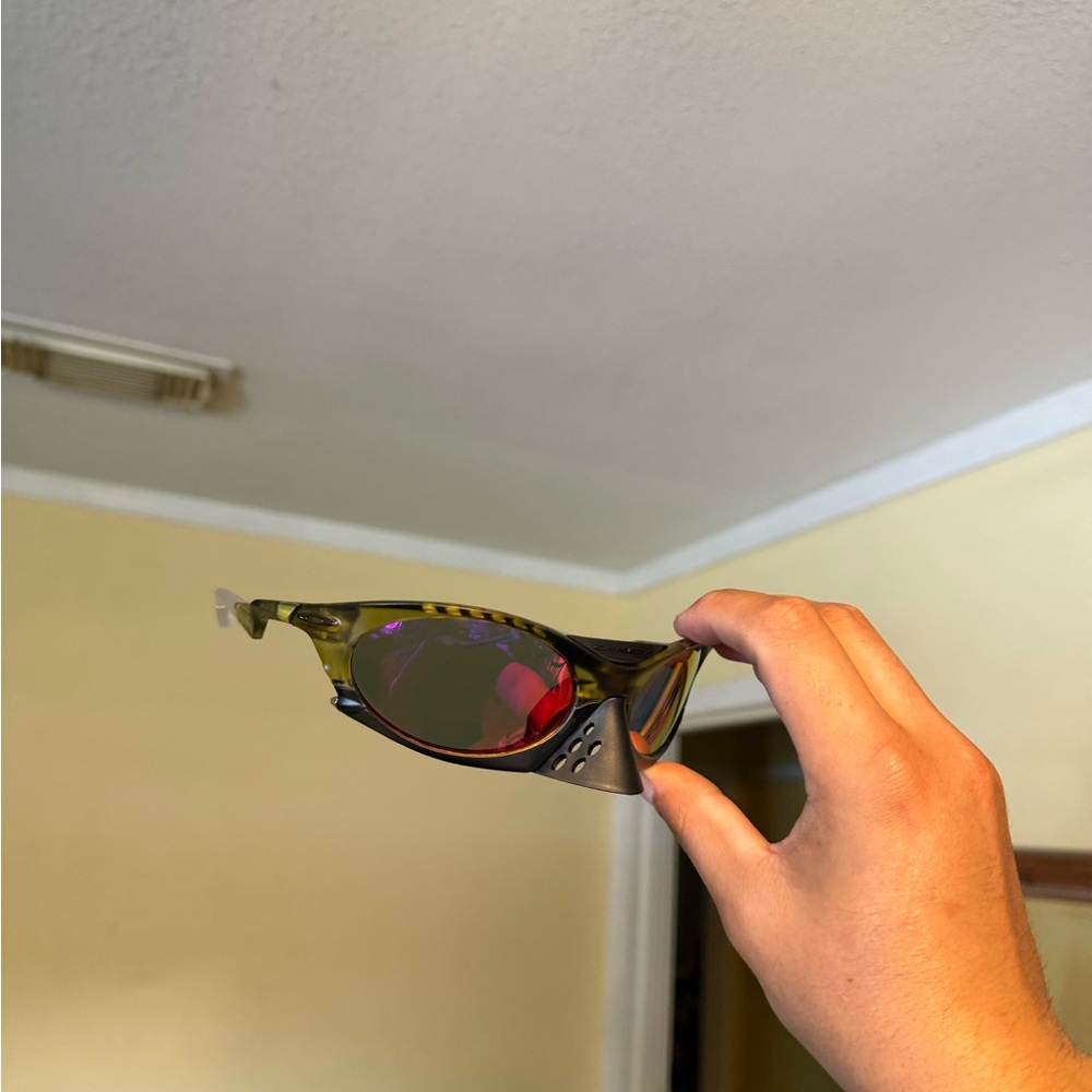Sporty Wrap Sunglasses in Olive Green with Red Mirrored Lenses Oakley Oakleys